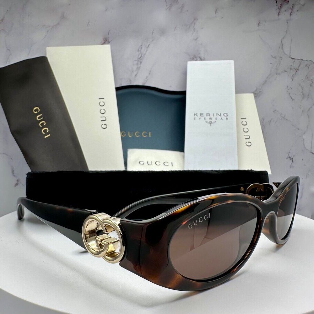 New Gucci Sunglasses Brown Tortoise Hailey Bieber Collaboration Oval Gold GG